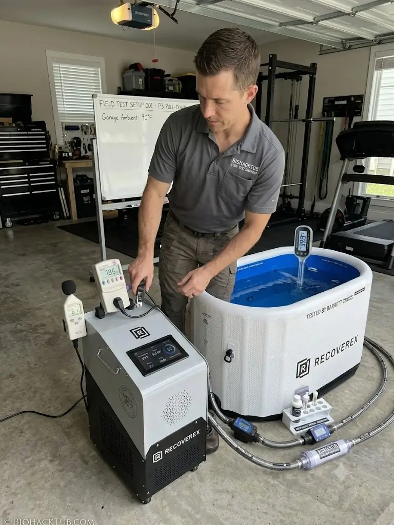 Barrett Cross testing cold plunge chiller power consumption using Kill-A-Watt meter