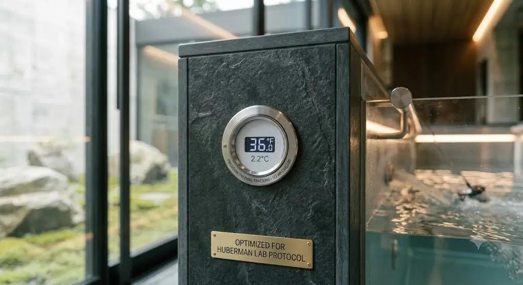 Close-up of integrated temperature dial on a luxury cold plunge showing 36 degrees Fahrenheit or 2.2 degrees Celsius