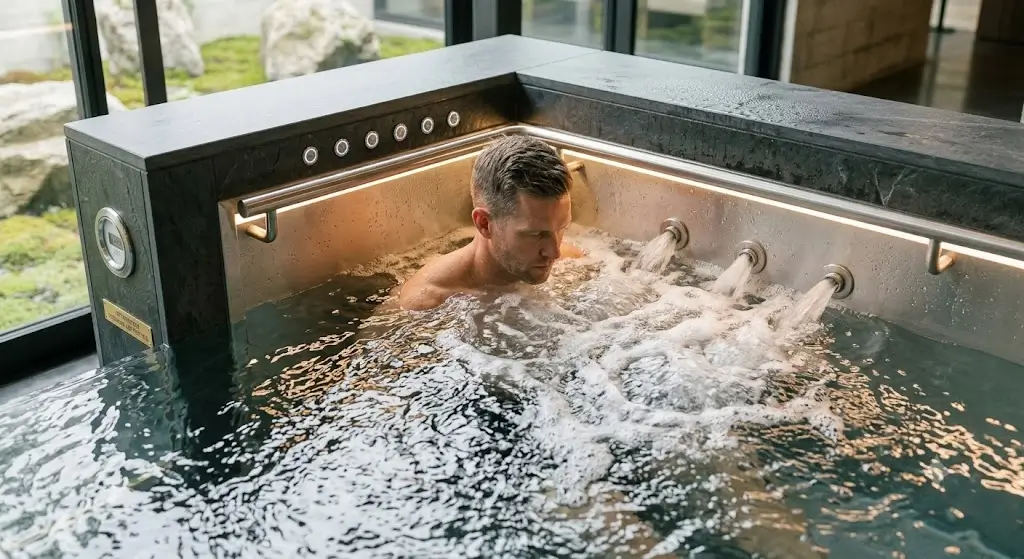 Overhead view of dynamic water flow jets in a cold plunge breaking the thermal layering barrier around an athlete