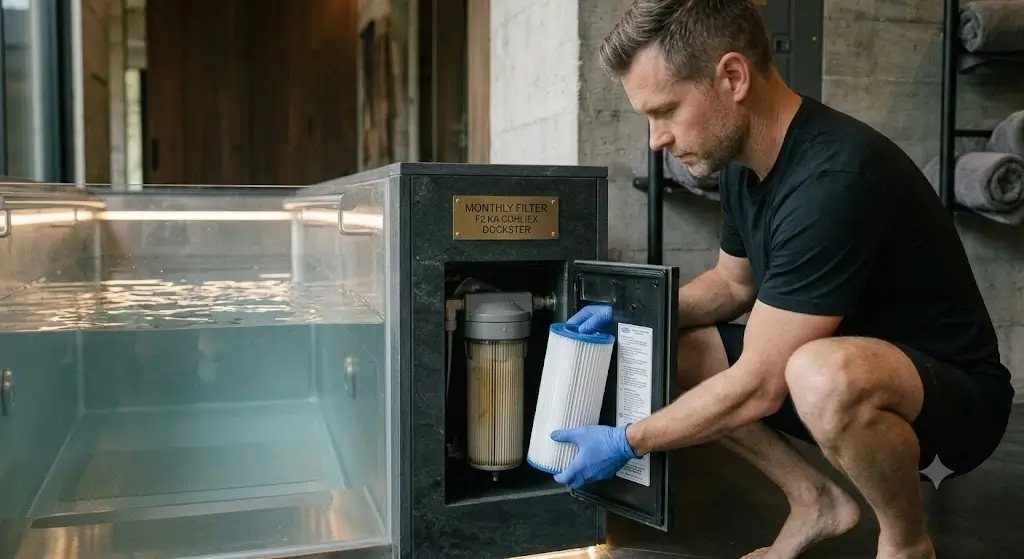 Maintenance technician changing a 20-micron pleated filter cartridge inside the mechanical bay of an active cold plunge