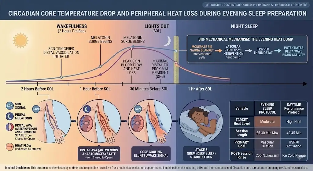 Scientific chart illustrating circadian core temperature drop and peripheral heat loss during evening sleep preparation