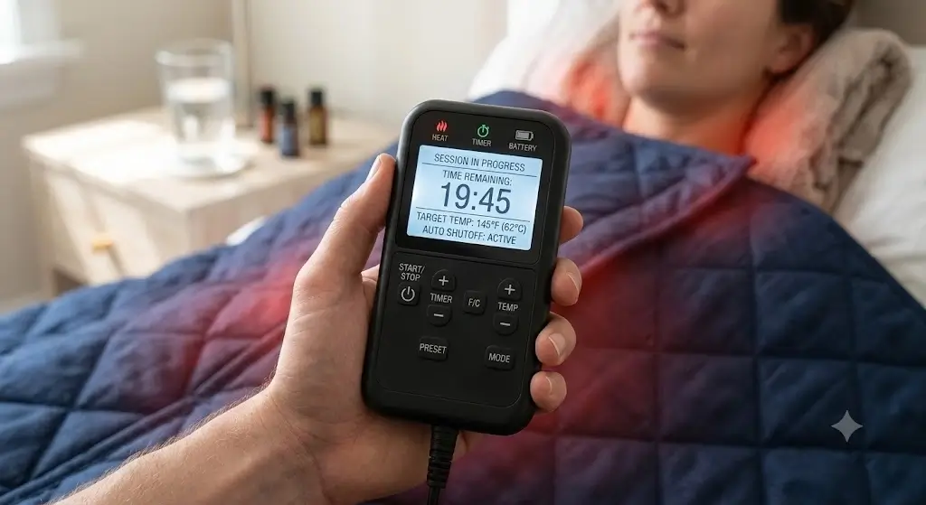 Handheld digital controller showing session timer settings and countdown display for an infrared sauna blanket