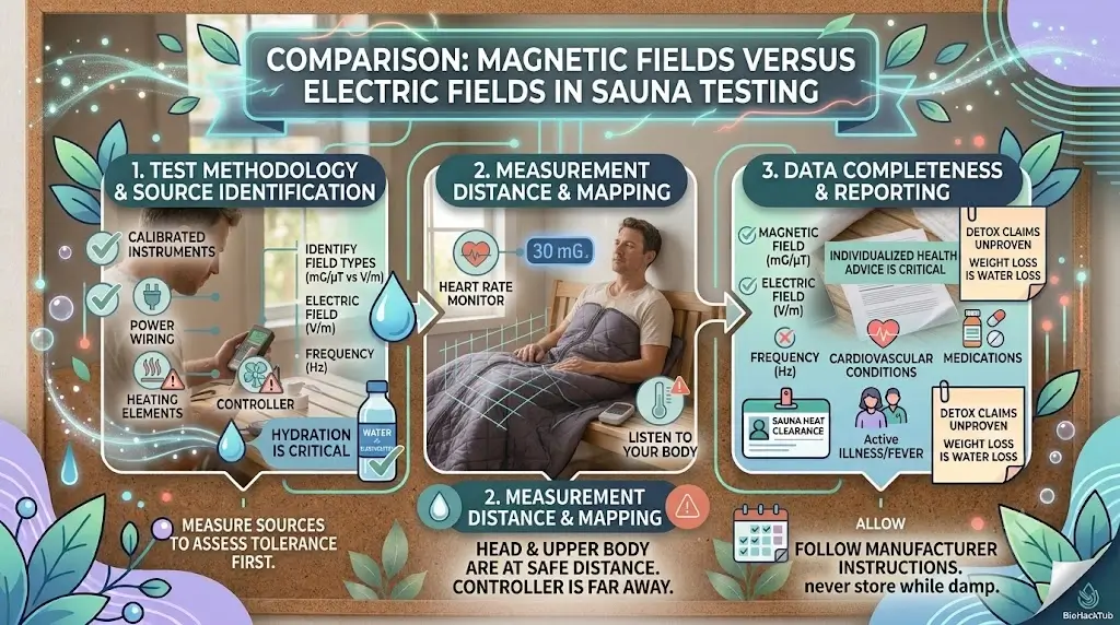 Comparison diagram of magnetic fields versus electric fields in sauna testing