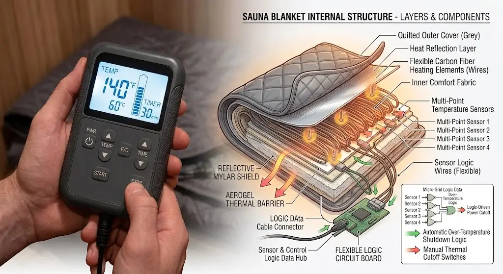 Cross-section diagram showing internal heating elements, thermal sensors, and insulation layers of an infrared sauna blanket