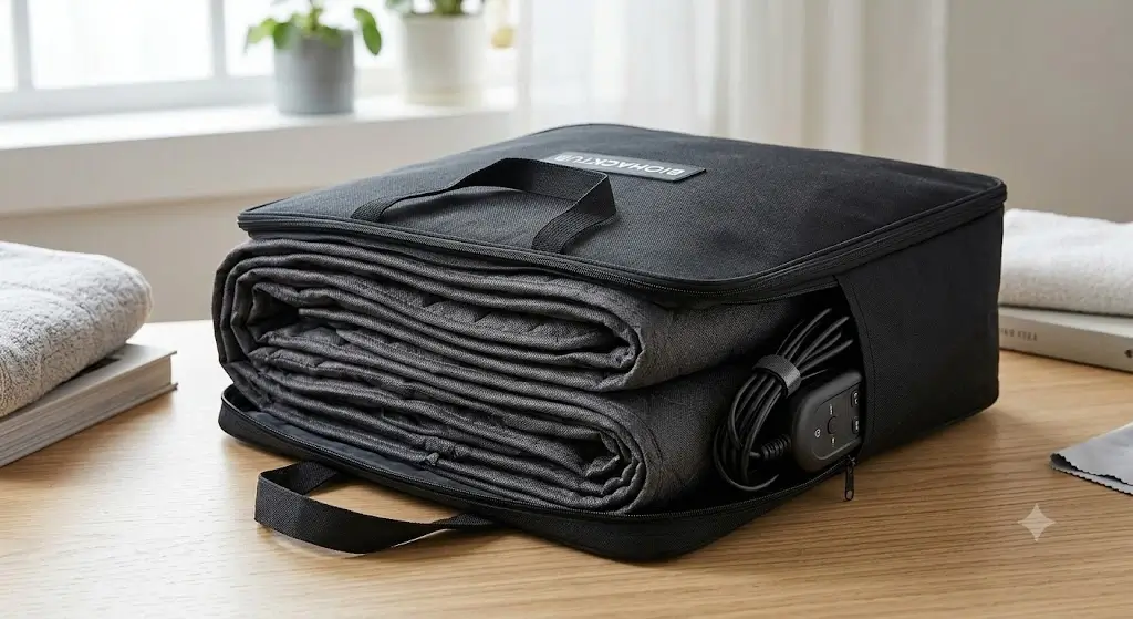 Folded infrared sauna blanket stored properly in a carry bag