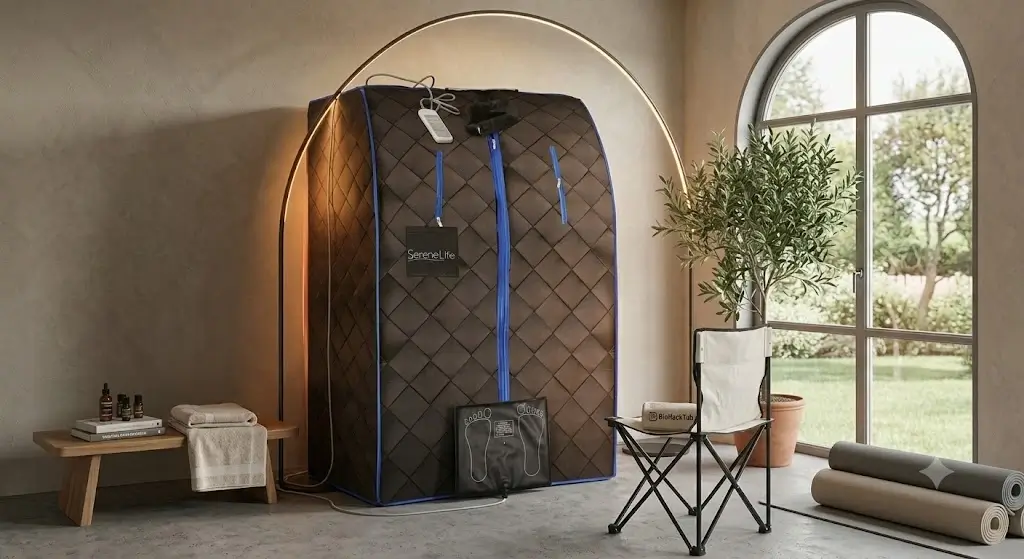 SereneLife Portable Sauna Box for Home with Heated Foot Pad and Folding Chair