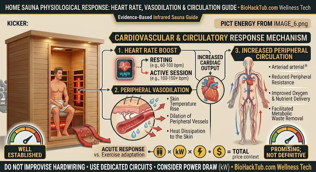 Diagram showing the physiological effects of infrared sauna heat on heart rate vasodilation and circulation