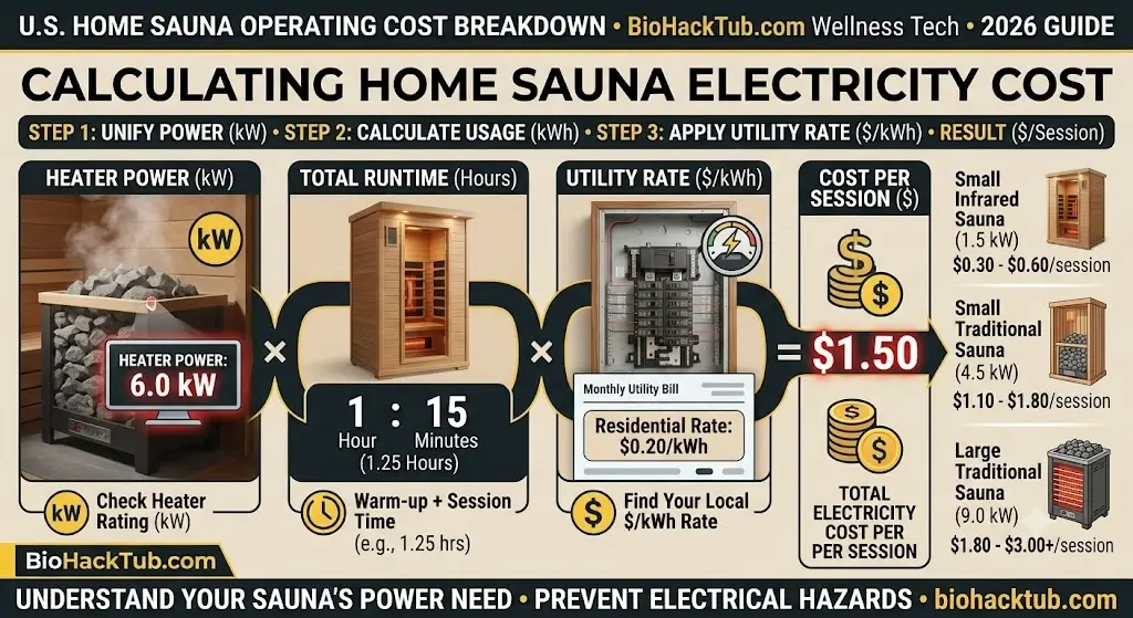Formula diagram showing how to calculate home sauna electricity cost using heater kilowatt and utility rates