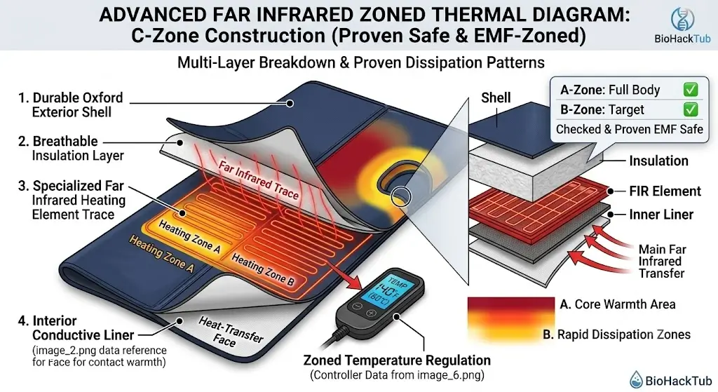 Diagram showing the multi-layer thermal construction and heat dissipation zones of an infrared sauna blanket