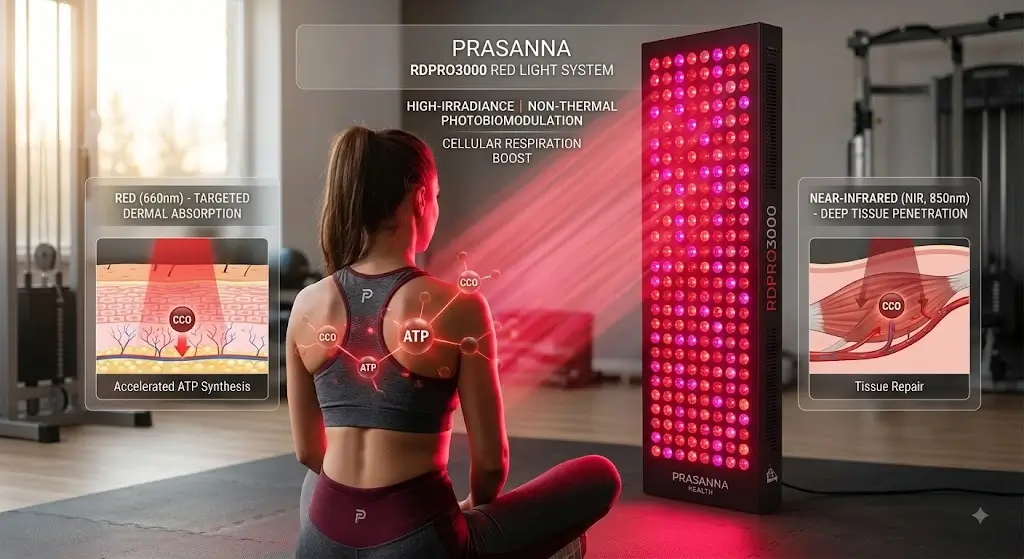 Red Light Therapy panel emitting targeted non-thermal light