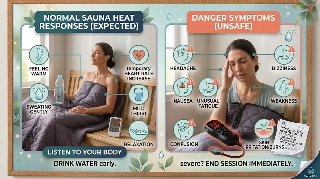 Comparison chart of normal sauna heat responses versus danger symptoms