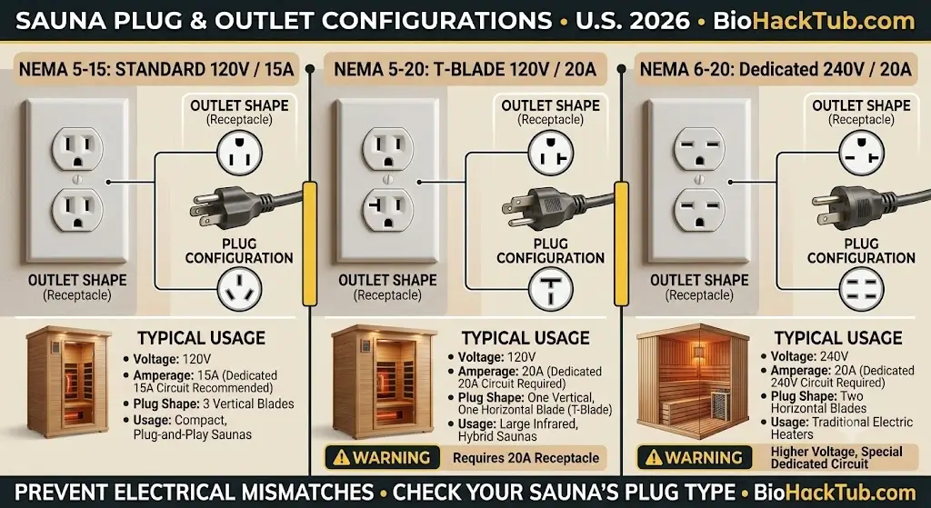 Standard sauna plug configurations showing NEMA 5-15, NEMA 5-20, and NEMA 6-20 outlet shapes