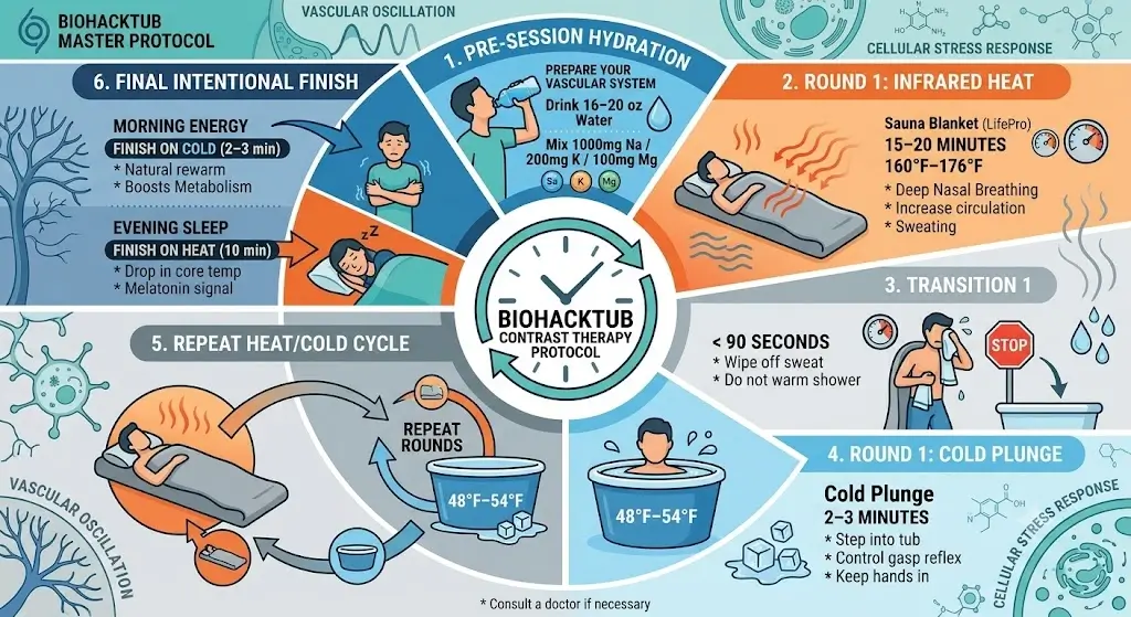 Step-by-step contrast therapy protocol infographic from pre-session hydration to final cold plunge