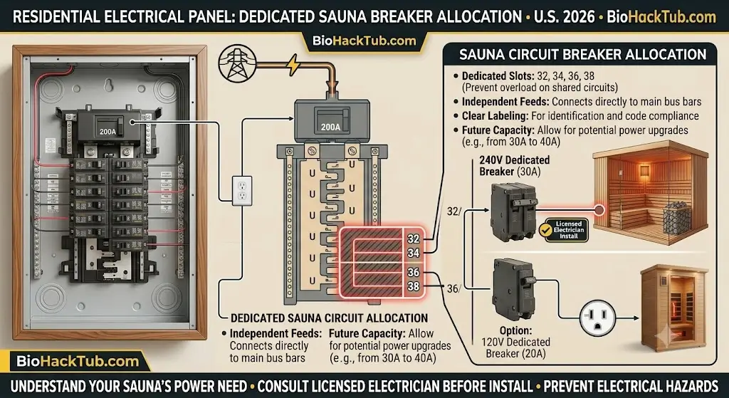 Residential electrical breaker panel diagram showing dedicated breaker slot allocation for a home sauna circuit