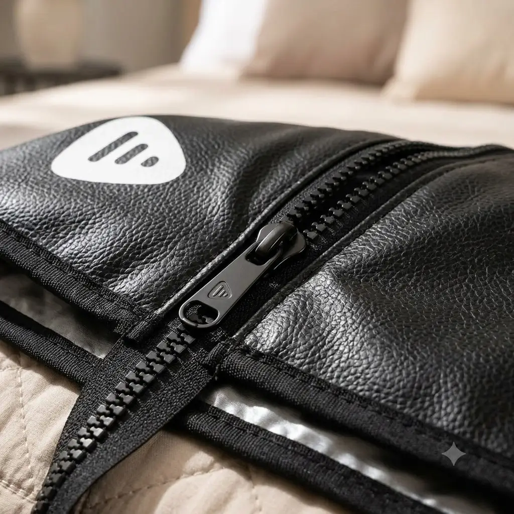 Close-up detail of the LifePro Infrared Sauna Blanket zipper enclosure and PU leather lining
