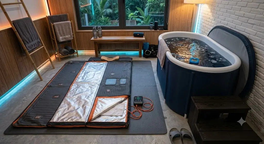 Contrast Therapy Setup showing a far-infrared sauna blanket laid out next to a cold plunge tub