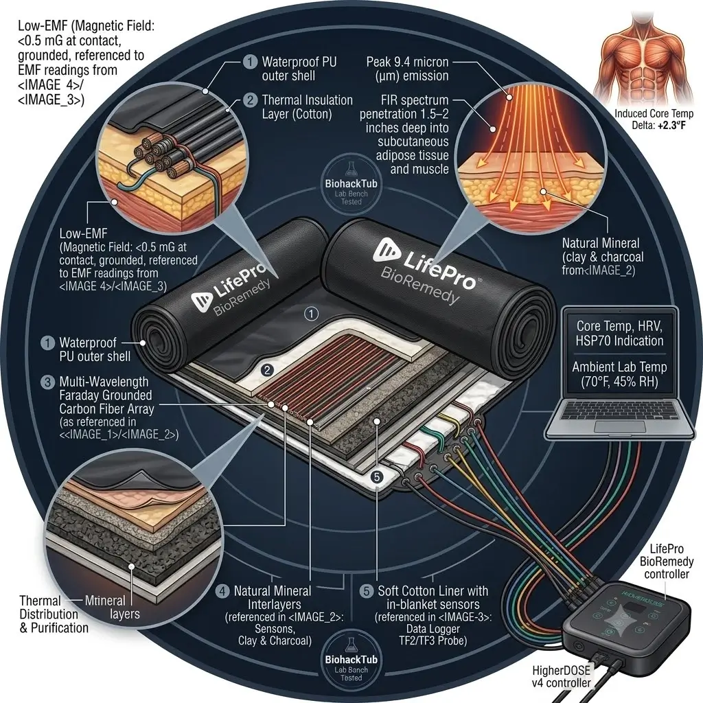 Diagram showing internal multi-layered heating architecture of an infrared sauna blanket