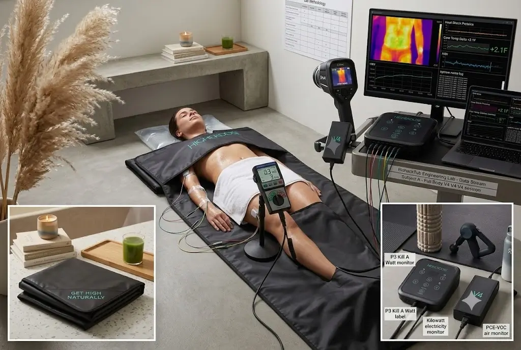 HigherDOSE Infrared Sauna Blanket V4 full-body session testing setup