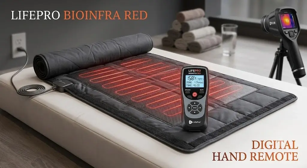 LifePro BioInfra Red Sauna Blanket Layed Out with Digital Hand Remote