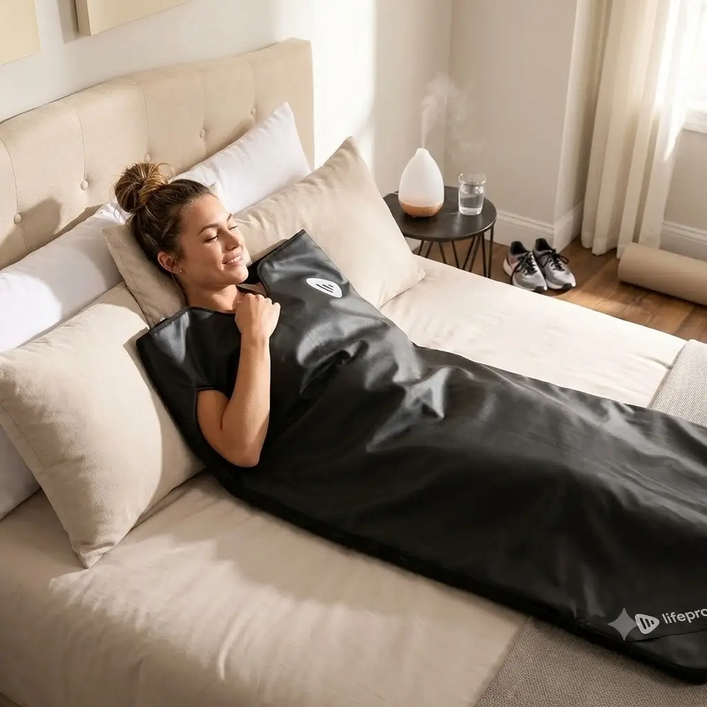 Relaxing inside an infrared sauna blanket during a post-workout recovery session