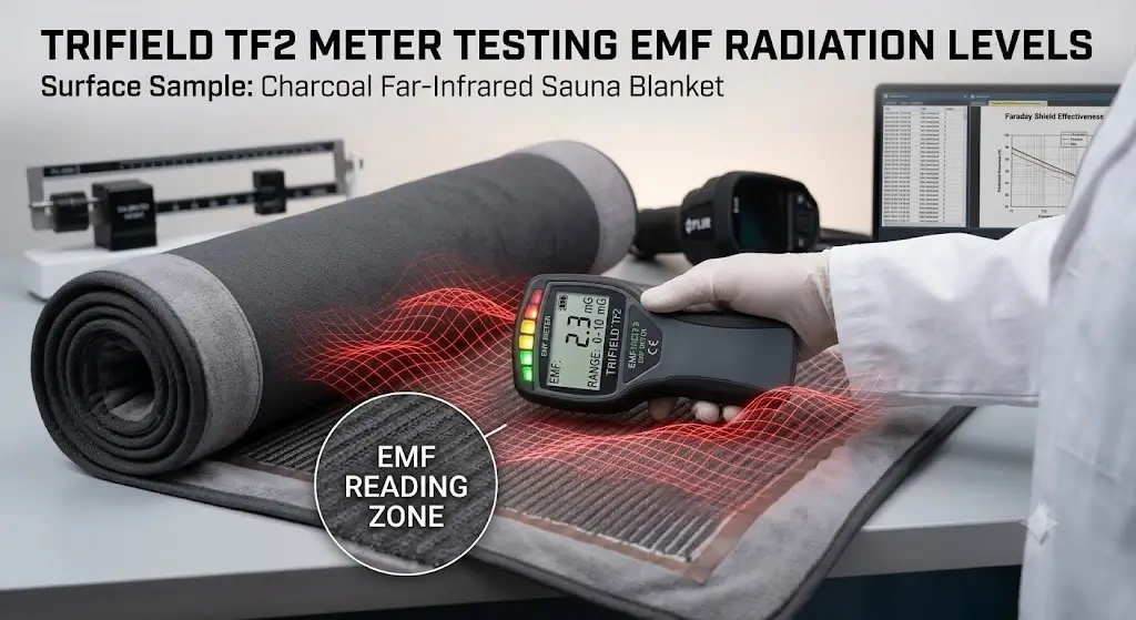 TriField TF2 Meter Testing EMF Radiation Levels on Infrared Sauna Blanket Surface