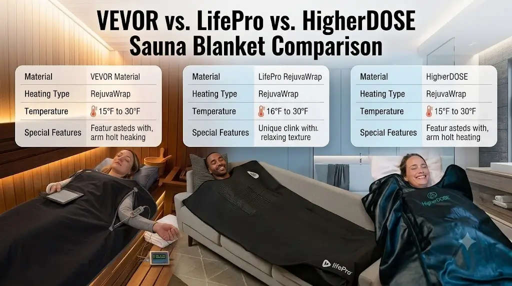 VEVOR Sauna Blanket vs LifePro vs HigherDOSE Spec Comparison