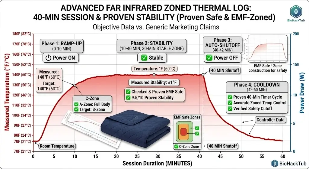 Laboratory test graph showing temperature rise time, stability over 30 minutes, and auto-shutoff curve