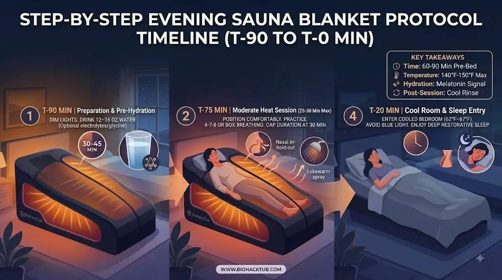 Step-by-step timeline chart for the evening sauna blanket protocol showing hydration, heat session, cool shower, and bedroom entry