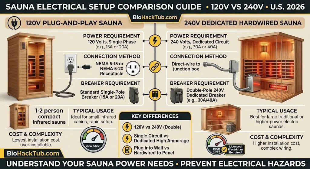 Comparison diagram of 120V plug-and-play vs 240V dedicated hardwired sauna electrical setups