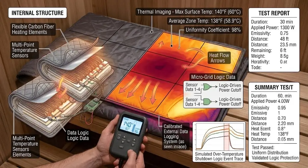 Thermal imaging camera test evaluating heat distribution and surface temperature on a sauna blanket