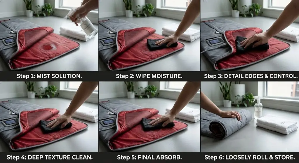 Step-by-step cleaning of inner lining of an infrared sauna blanket
