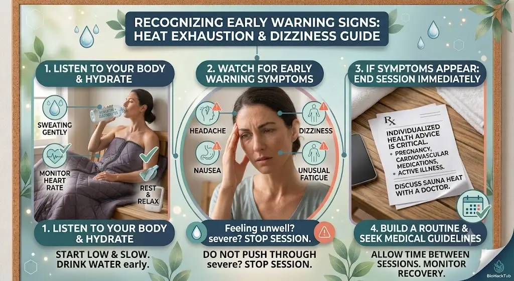 Recognizing early warning signs of heat exhaustion and dizziness during sauna blanket use