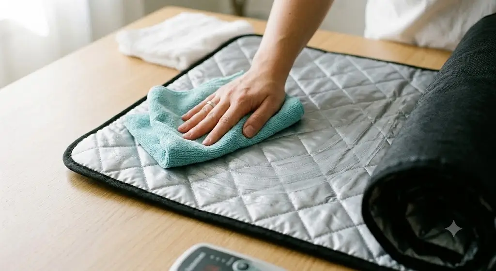 Wiping the interior of an infrared sauna blanket with a soft microfiber cloth