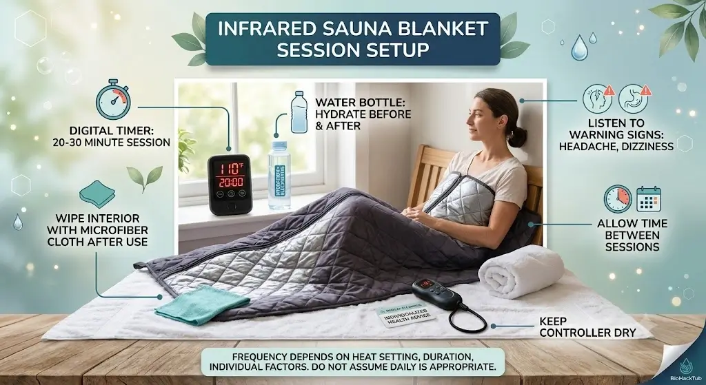 Infrared sauna blanket session setup with a digital timer and water bottle nearby