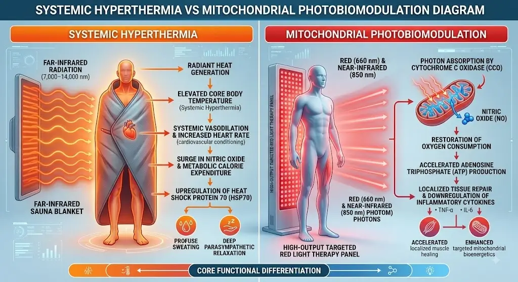Systemic Hyperthermia vs Mitochondrial Photobiomodulation Diagram