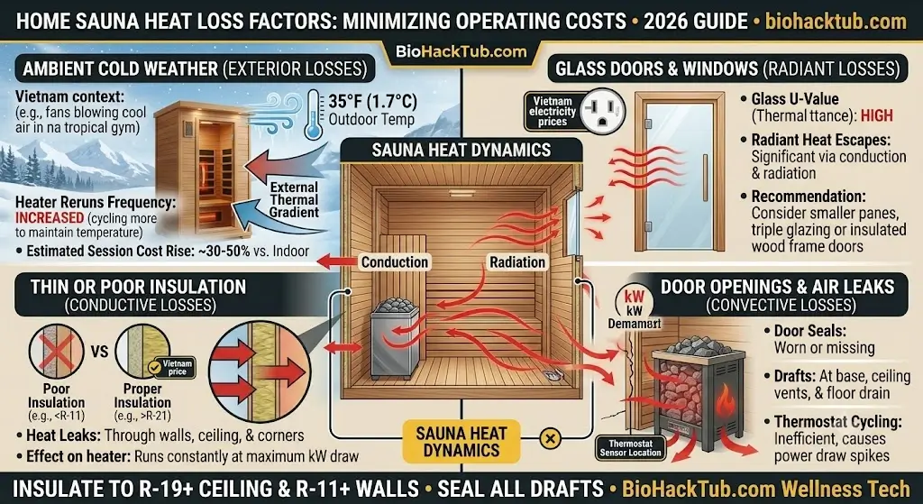 Diagram showing heat loss factors in home saunas including thin insulation, glass doors, and ambient cold weather