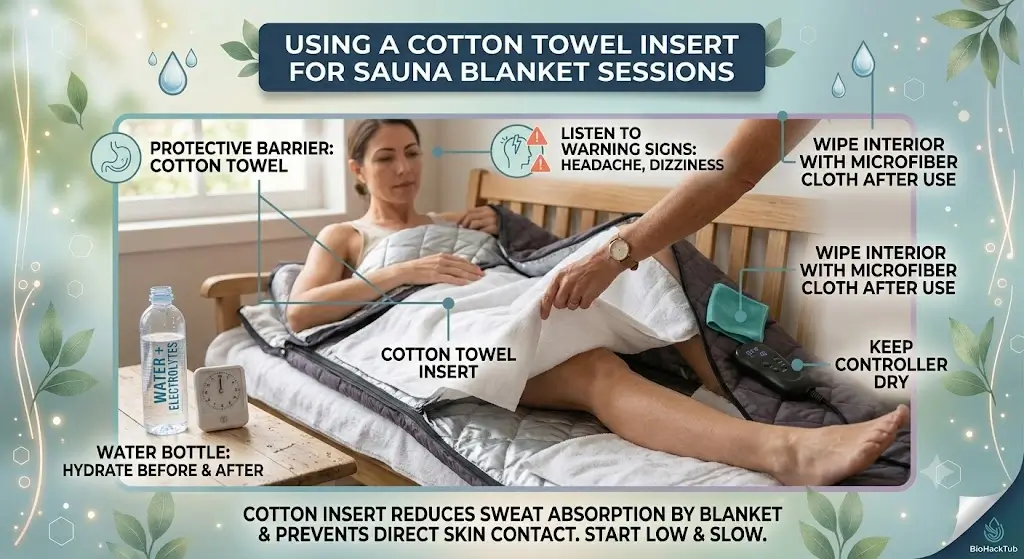 Using a cotton towel insert to prevent direct skin contact with sauna blanket interior