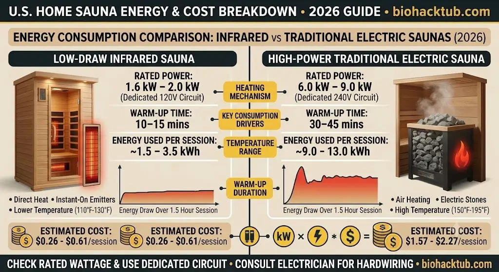 Energy consumption comparison chart between low-draw infrared saunas and high-power traditional electric sauna heaters