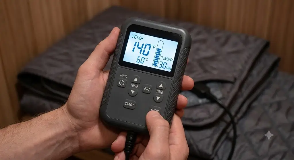 Digital temperature controller for an infrared sauna blanket showing Fahrenheit and Celsius settings