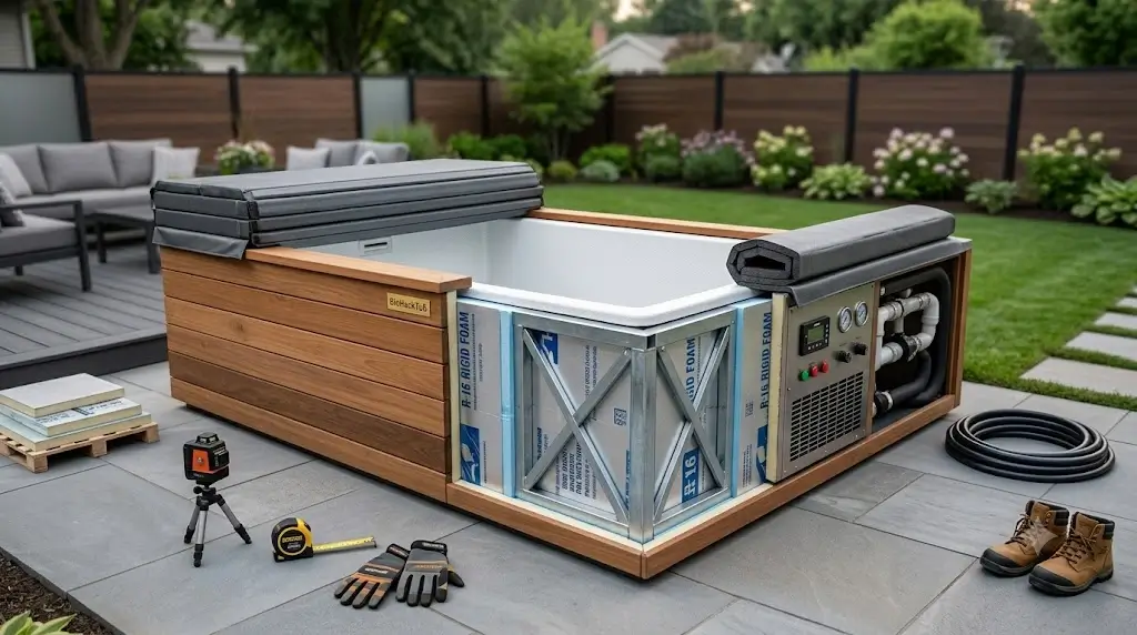 Rigid and insulated cold plunge tub exterior construction
