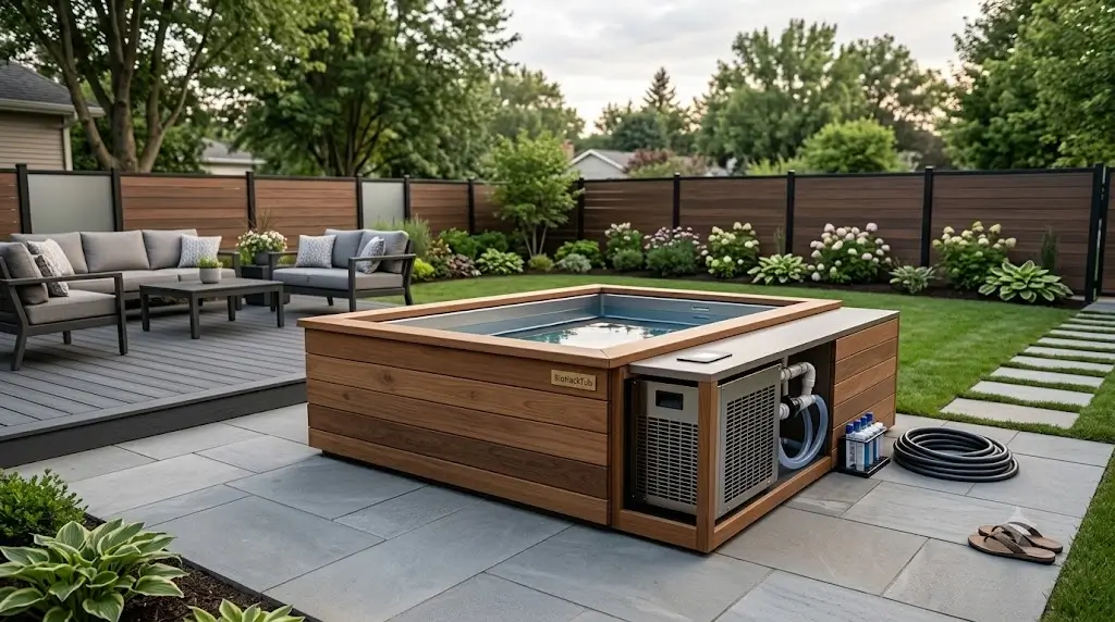 Outdoor cold plunge tub setup in a backyard patio