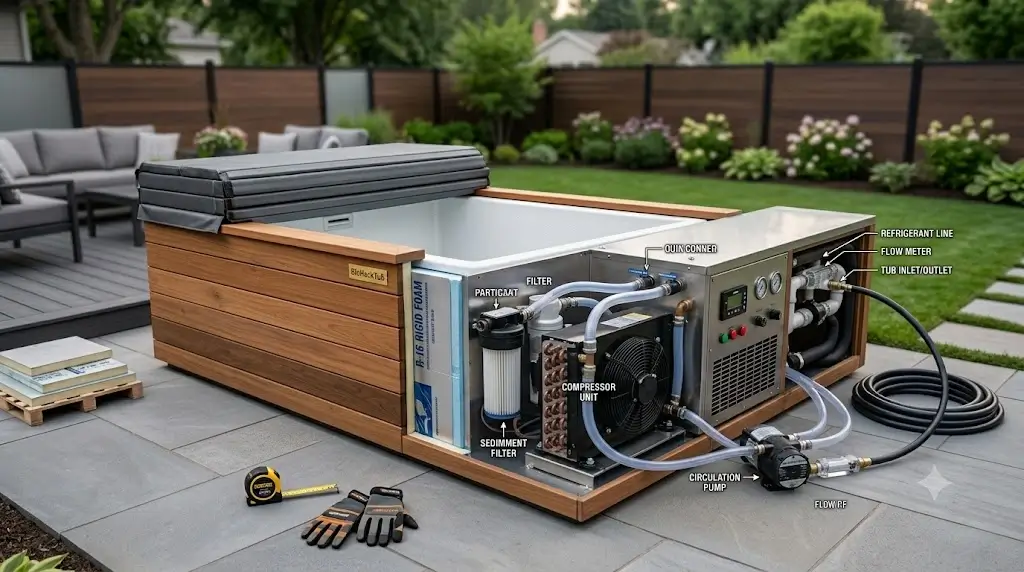 Cold plunge water chiller compressor and filtration loop