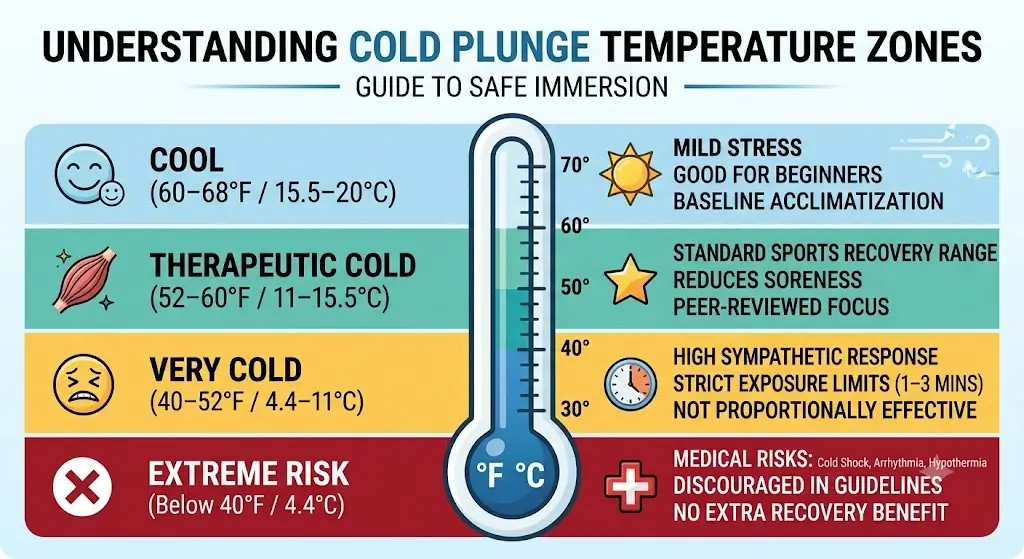 Infographic chart illustrating cold plunge temperature zones from cool to extreme risk