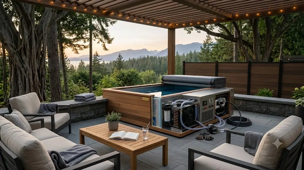 Cold plunge tub placed in a shaded outdoor living space