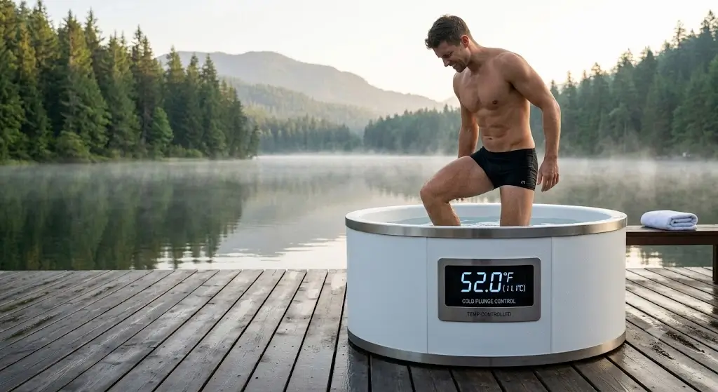 Athlete stepping into a temperature-controlled cold plunge tub set to 52 degrees Fahrenheit