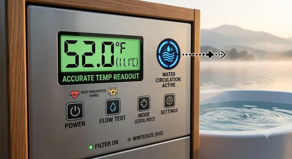 Digital chiller control panel showing accurate temperature readout alongside integrated water circulation