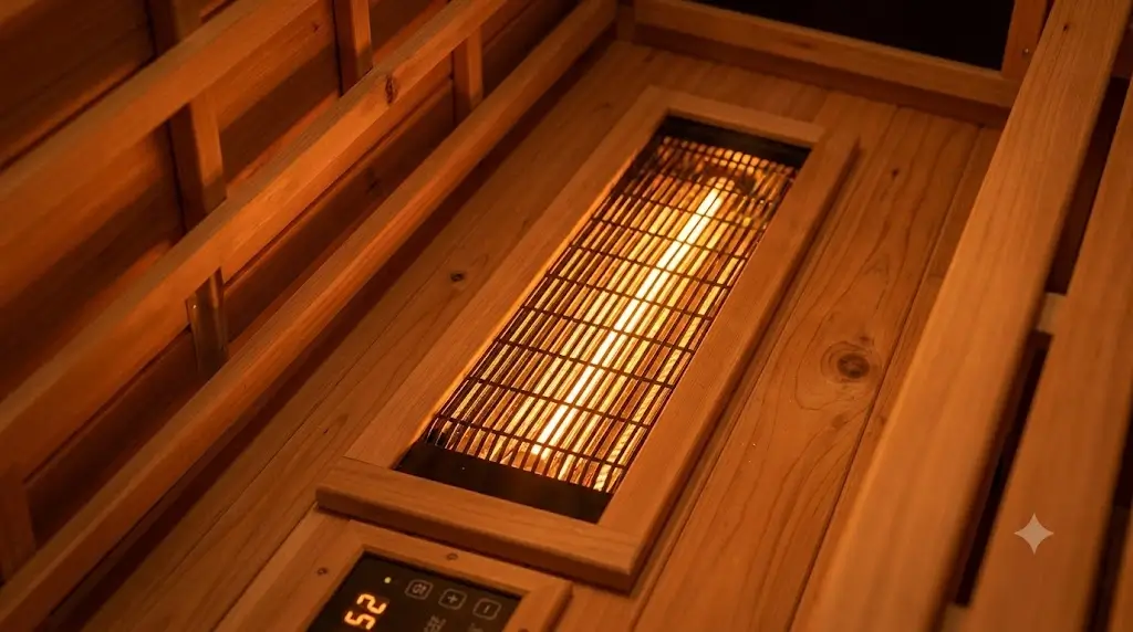 Close-up of radiant infrared heater panel inside a wooden sauna cabin