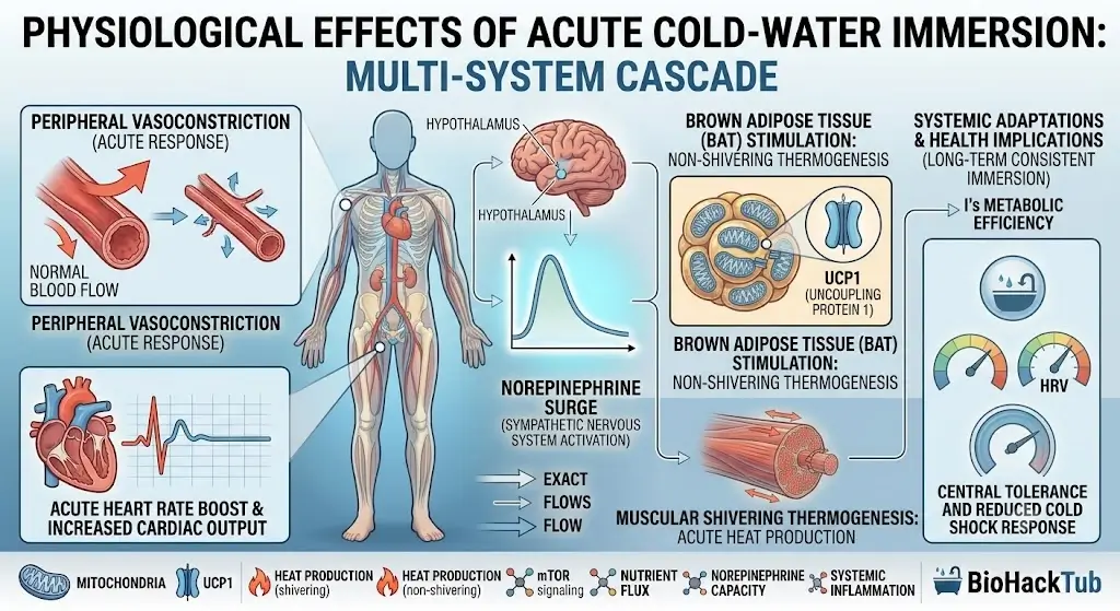 Physiological effects of acute cold-water immersion diagram showing peripheral vasoconstriction, heart rate boost, norepinephrine surge, and brown adipose tissue stimulation