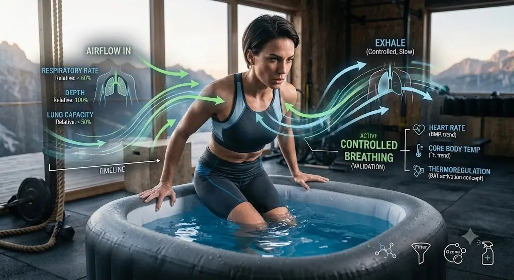 Woman practicing controlled breathing during cold plunge tub immersion session