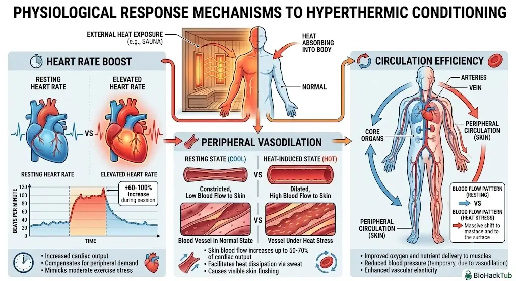 Diagram of physiological heat effects on heart rate boost, peripheral vasodilation, and circulation